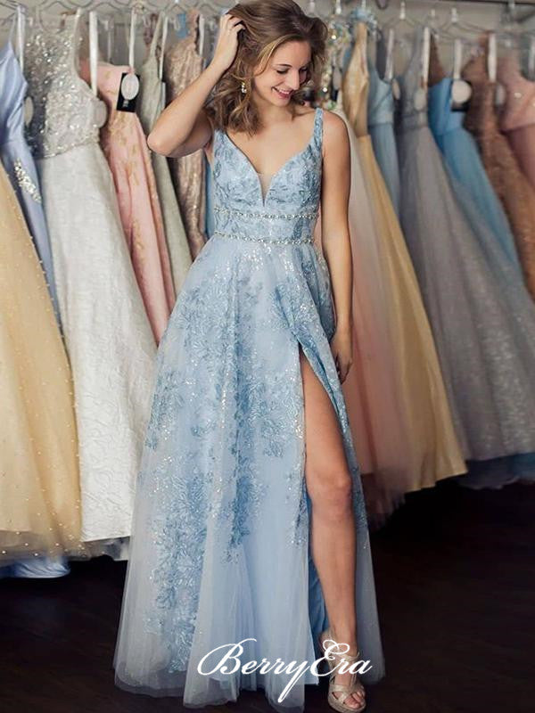 V-neck Light Blue Lace Tulle Prom ...